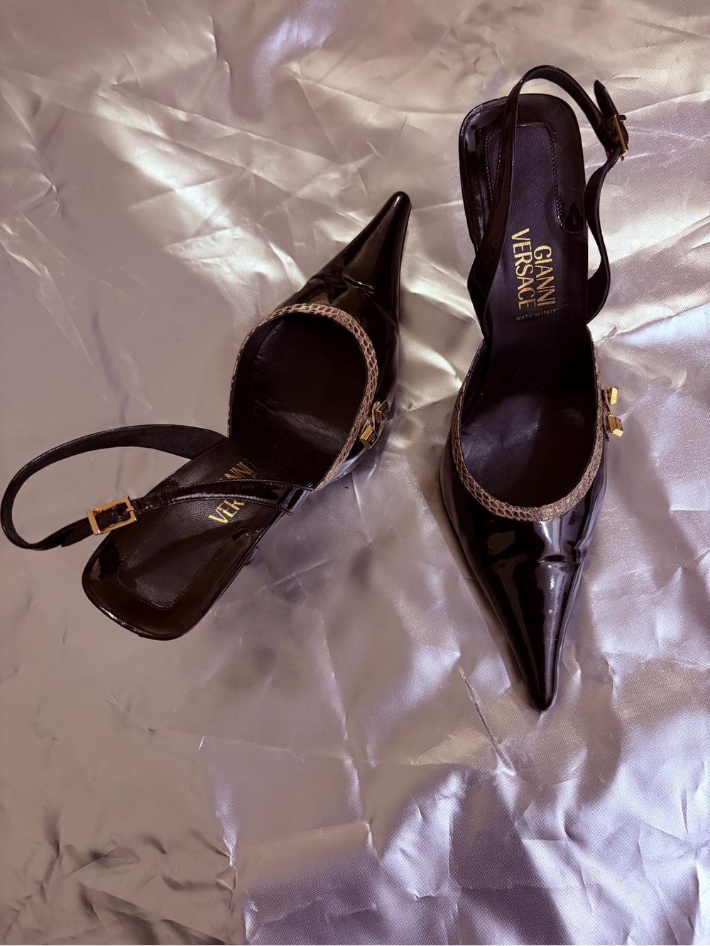Versace Black Patent Pointed Slingback Pumps with Gold Accent - Picture 4 of 11